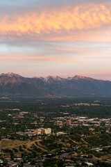 Sunset views of the Salt Lake Valley and Wasatch Range from Ensign Peak, Utah.