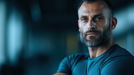 Obraz premium Portrait of a man with a beard in a blue shirt, posing with a serious expression indoors, captured in a detailed shot focusing on his facial features and composure.