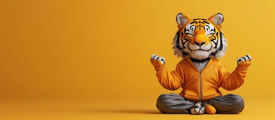 Tiger in a Hoodie Practices Yoga on a Yellow Background