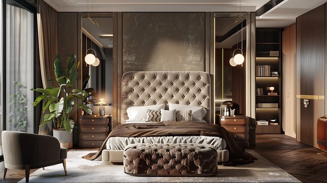 Luxurious bedroom with a tufted headboard and plush bedding 