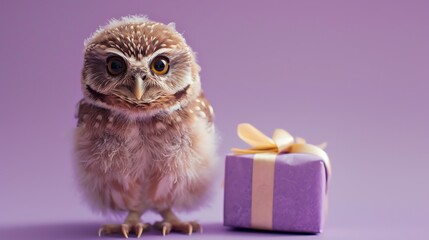 A cartoon owl is holding a purple gift box.