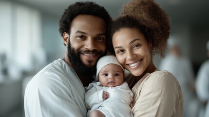Obraz premium A joyful family of three, with a mother, father, and their newborn baby, are captured in a warm, heartfelt moment in a hospital room, celebrating the new addition to their family.