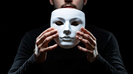 Man Holding White Plastic Mask, Concealing Identity, Mysterious Expression, Theatrical Performance, Hidden Emotions