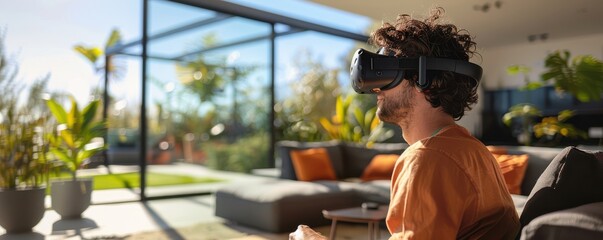 Man wearing a VR headset in his modern living room, immersed in a virtual reality experience.