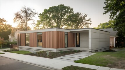 Obraz premium A modern ranch-style minimalist cubic house with a garage and landscaping design in the front yard. Wooden cladding and white walls. The landscaping includes a small garden and a few trees.
