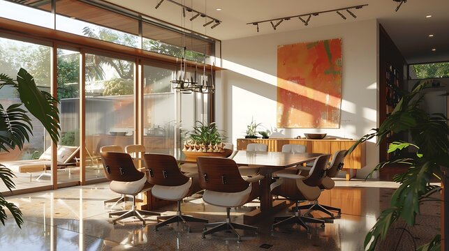Mid-century modern dining room with Eames chairs 