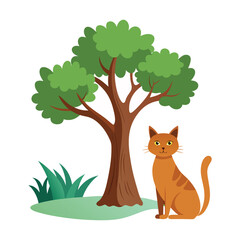 vector a cat side view is sitting next to a big tree illustration