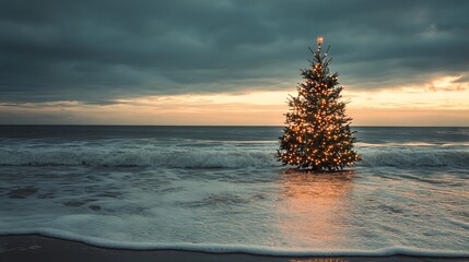 Decorated Christmas tree on the beach in a warm country as a winter holiday concept	