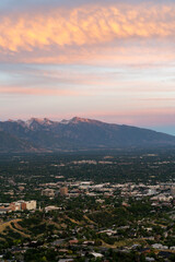 Sunset views of the Salt Lake Valley and Wasatch Range from Ensign Peak, Utah.
