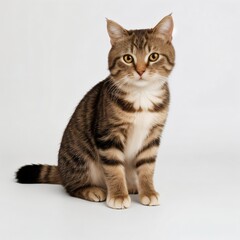 Adorable Tabby Cat Sitting on White Background