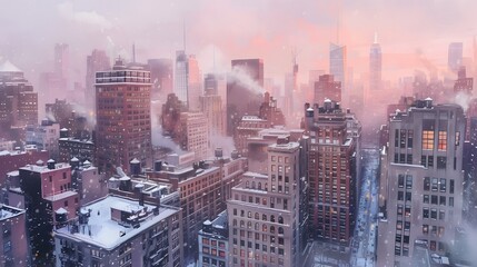Obraz premium A wintry cityscape softly painted in pastel hues AI generated illustration
