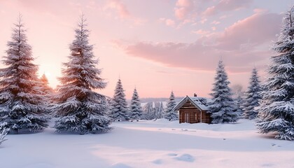 Obraz premium Winter wonderland scene with snow-covered pine trees, a small wooden cabin in the distance, and a soft pink sunset sky