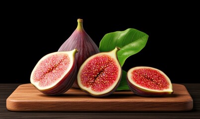 Fresh figs beautifully sliced, showcasing vibrant colors and textures on a wooden board with a leaf, perfect for culinary designs.
