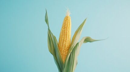 Single Ear of Corn with Husk Against a Blue Background, Modern Minimalist Food Photography