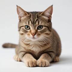 Fototapeta premium Adorable Tabby Cat Sitting on White Background