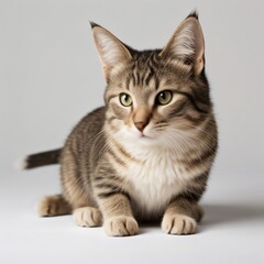 Adorable Tabby Cat Sitting on White Background