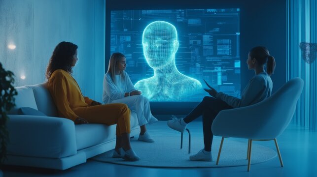 Diverse group engaged in a mental health session with a chatbot in a futuristic therapy center