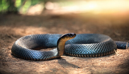 Fototapeta premium King cobra, beautiful animal in the nature, Hindu temple ruins in the background
