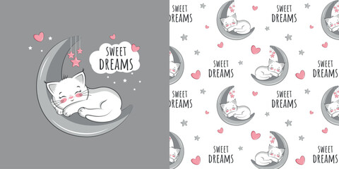 A children's seamless drawing with a cute kitten who is sleeping sweetly. Vector design for baby bedding, fabric, wallpaper, wrapping paper and more. © Alyona 
