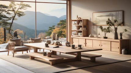 Fototapeta premium Modern Japanese minimalist interior design kitchen and living room 