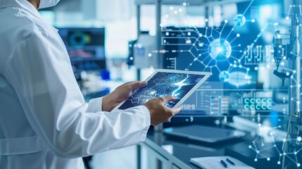 Scientist analyzing new battery materials with AI visualization on a tablet in a modern laboratory setting