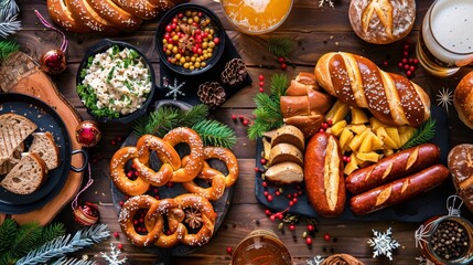 Festive Spread with Pretzels, Beer, and Baked Breads