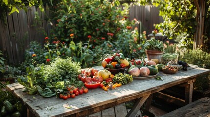 Obraz premium Wooden outdoor table laden with seasonal produce in a vibrant garden setting during daylight