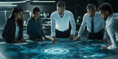 Diverse creative professionals collaborate around an interactive display showcasing AI-generated concept art in a high-tech office