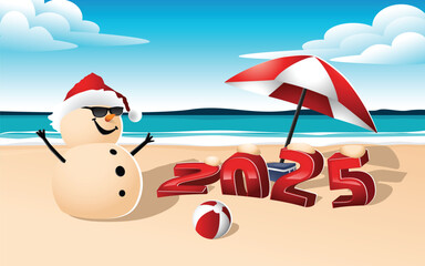 A cheerful sandy snowman on a beautiful beach is wearing sunglasses. In front of the snowman, there's an umbrella, a beach ball, and large 3D numbers for the New Year standing in the sand