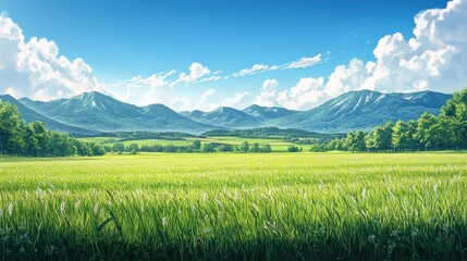 Obraz premium Serene Watercolor Landscape of Green Grasslands and Distant Hills