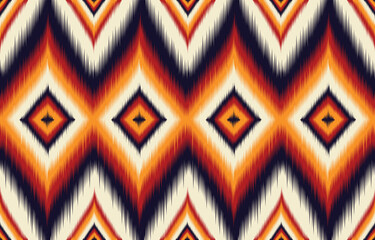 Geometric pattern with vibrant orange and red hues. Inspired by Native American textiles. Seamless design for fabric or wallpaper. Bold and striking pattern for modern decor. Warm ethnic pattern.