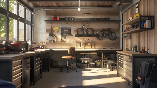 Comfortable minimalistic garage turned workshop  AI generated illustration