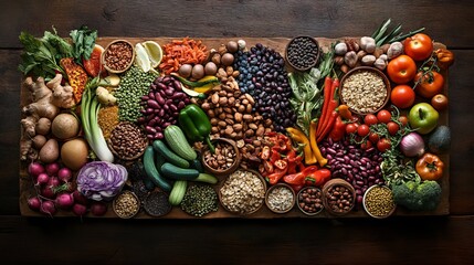 Plant-based whole food diet ingredients including fruits, vegetables, grains, legumes, tofu and nuts. mixed design