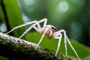 Picture of a beautiful little white spider on a branch in a beautiful forest