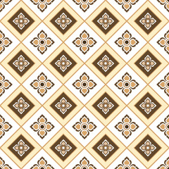 Traditional Thai pattern with floral elements. Seamless design in earthy colors for textiles decor. Elegant pattern combining diamond shapes and stylized flowers. Vintage-inspired pattern background.