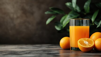 Naklejka premium A clear glass of fresh orange juice stands on a textured surface, surrounded by whole and halved oranges with green leaves in the background adding a natural touch.
