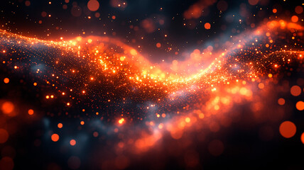 Fototapeta premium Una visualización abstracta del entrelazamiento cuántico, con partículas de luz que se conectan a través de distancias mediante patrones y símbolos cambiantes y geométricos. Estas conexiones digitales