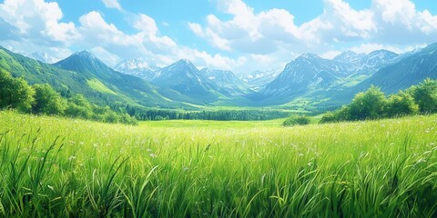 Fototapeta premium Serene Watercolor Landscape of Green Grasslands and Distant Hills