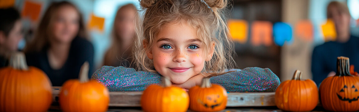 Niños reunidos en una larga mesa cubierta de materiales de manualidades, decorando calabazas con pintura, purpurina y pegatinas, compitiendo en un divertido y amistoso concurso de decoración de calaba