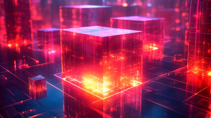 Múltiples capas de rejillas transparentes y brillantes apiladas unas sobre otras, que representan dimensiones de realidad virtual. Partículas flotantes de luz y formas geométricas se mueven a través 