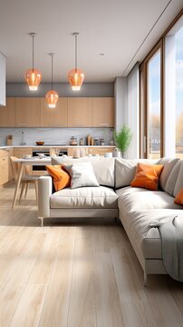 Modern kitchen with living room area. luxury living room design. 3d visualization 