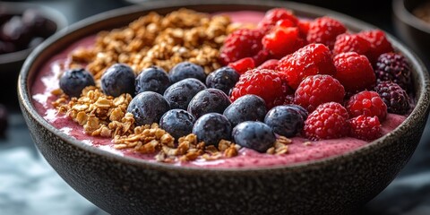 Close-up of a Smoothie Bowl Topped with Raspberries, Blueberries, and Granola