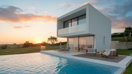 A modern minimalist cubic villa with a swimming pool at sunset. The villa has a flat roof and is made of white concrete. It has a few large windows and a sliding glass door. 