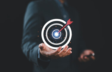 Startup business concept, businessman hands show goals and target for growing business, fast business success. Startup founder, network connection, idea generation, digital marketing.
