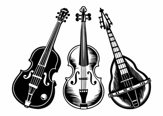 Set of contrabass, mandoline, banjo musical instrument vector illustration isolated. Orchestra stringed instruments ink drawn. Black white element for design wrapping, postcard, brochure, invitation
