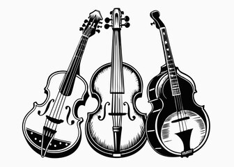 Collection of Isolated Contrabass, Mandolin, and Banjo Vector Illustrations, Hand-Drawn String Instruments, Monochrome Design Element for Brochures, Invitations, and Wrapping.