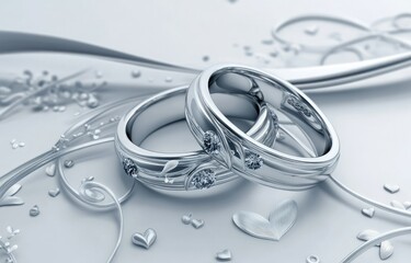 3D white wedding rings with red hearts on the background, in a white and silver color scheme, creating a romantic mood. Created with Ai