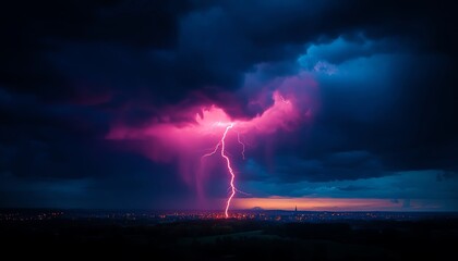 Dramatic lightning bolt strikes through dark clouds, illuminating the sky with vibrant purple hues during a powerful storm.