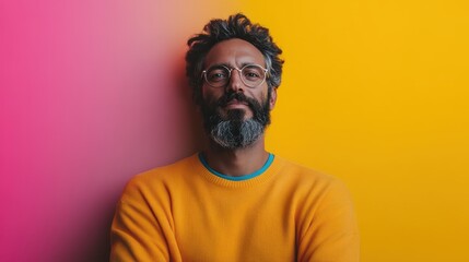 Obraz premium A bearded man wearing glasses stands confidently against a vibrant pink and yellow gradient background, showcasing modernity, style, and self-assuredness in a colorful portrait.