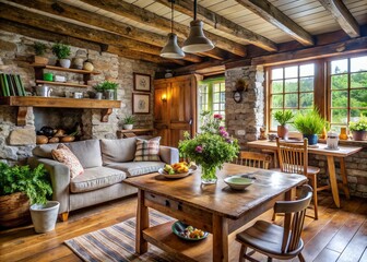 Fototapeta premium Handcrafted wooden pieces bring a touch of authenticity to the cottage, infused with rustic character and a sense